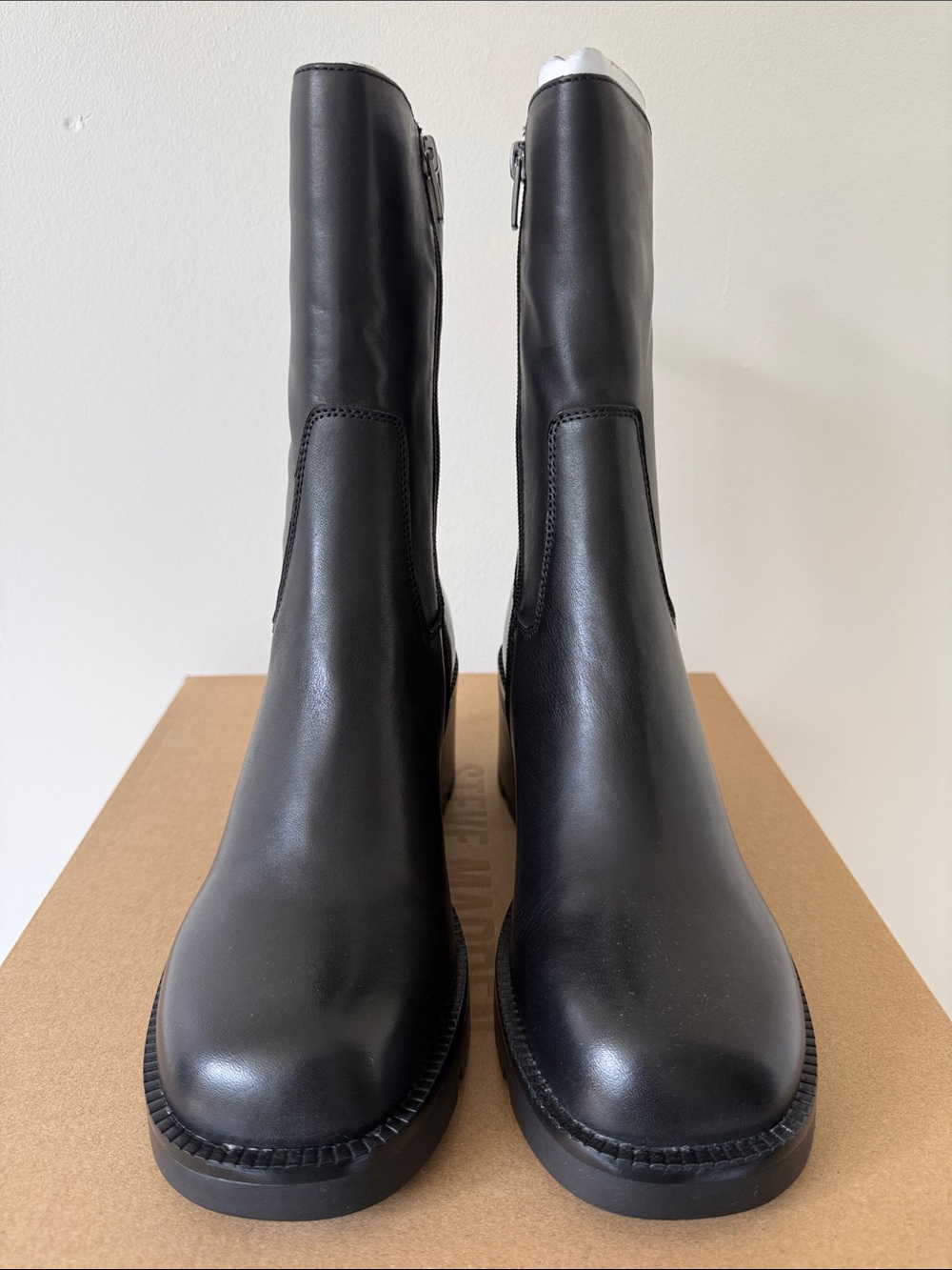 Steve Madden Black Leather Mid-Calf Chunky Heel Boots